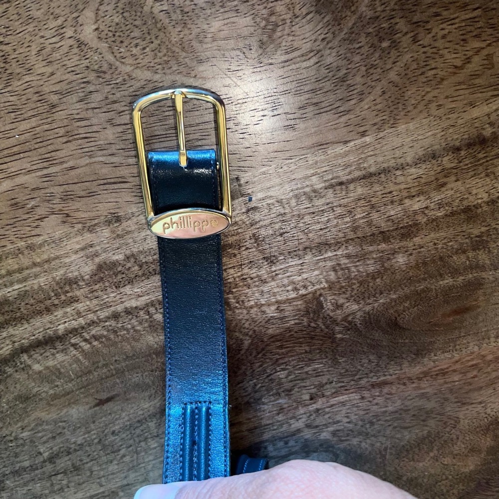Philippe Matignon Blue Leather Gold Buckle Belt Women Medium‎ Classic Minimalist